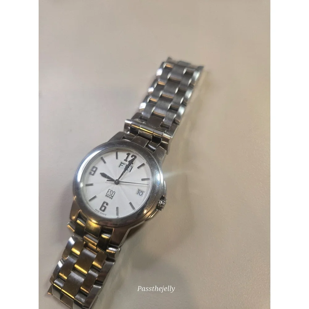 ESQ Swiss Watch Mens White Sunburst Dial Date Stainless Steel Quartz Dress Wrist